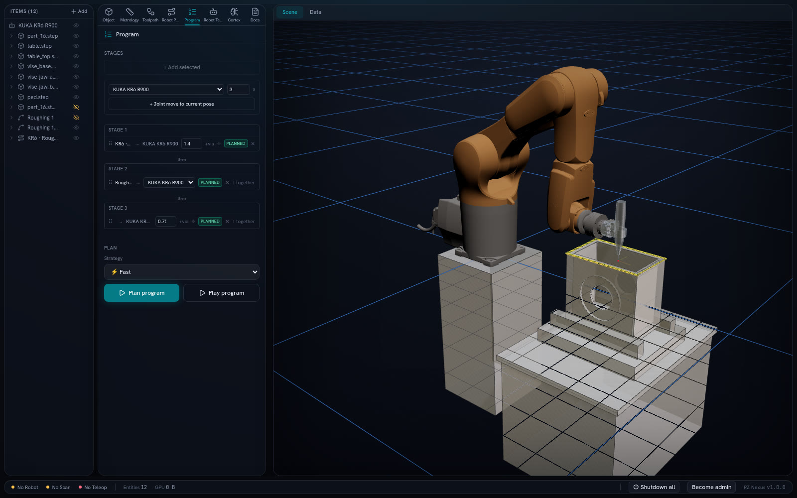 Nexus in the desktop app: a KUKA KR6 machining cell with its program